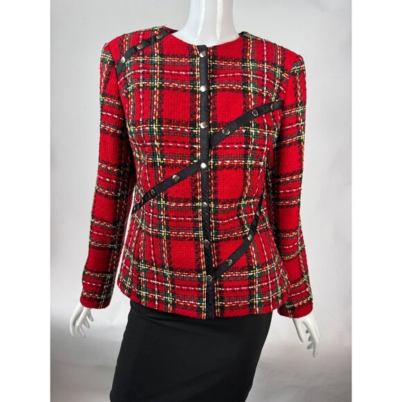 Conrad C Collection Womens Red Plaid Tweed Blazer Jacket Size 6 Silk Blend - Picture 13 of 16